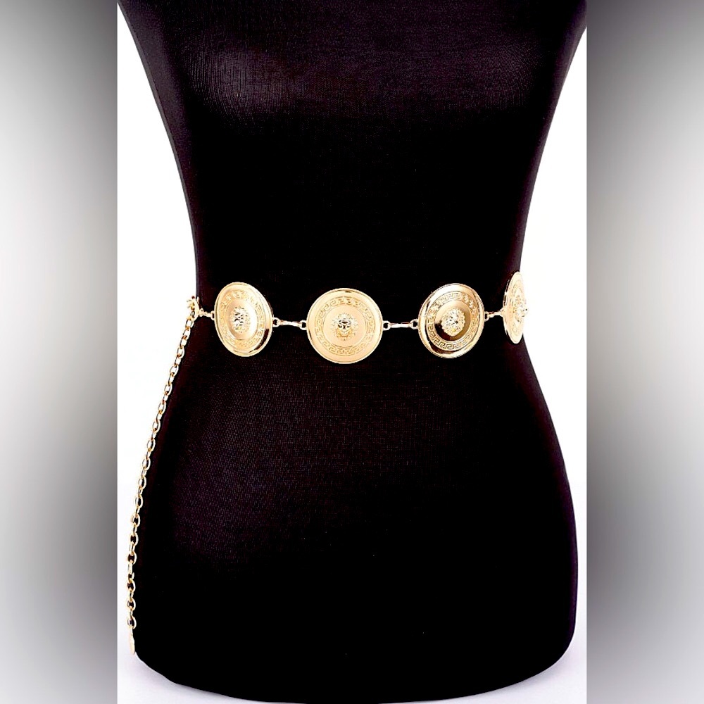 Gold Metallic Metal Disk Chain Statement Belt